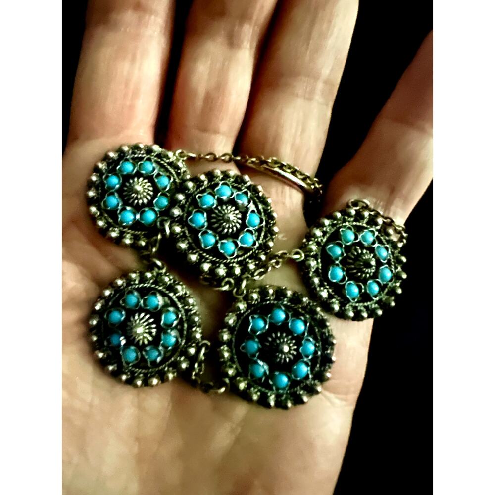 VINTAGE PERSIAN TURQUOISE & 950 SILVER 5 MEDALLION NECKLACE